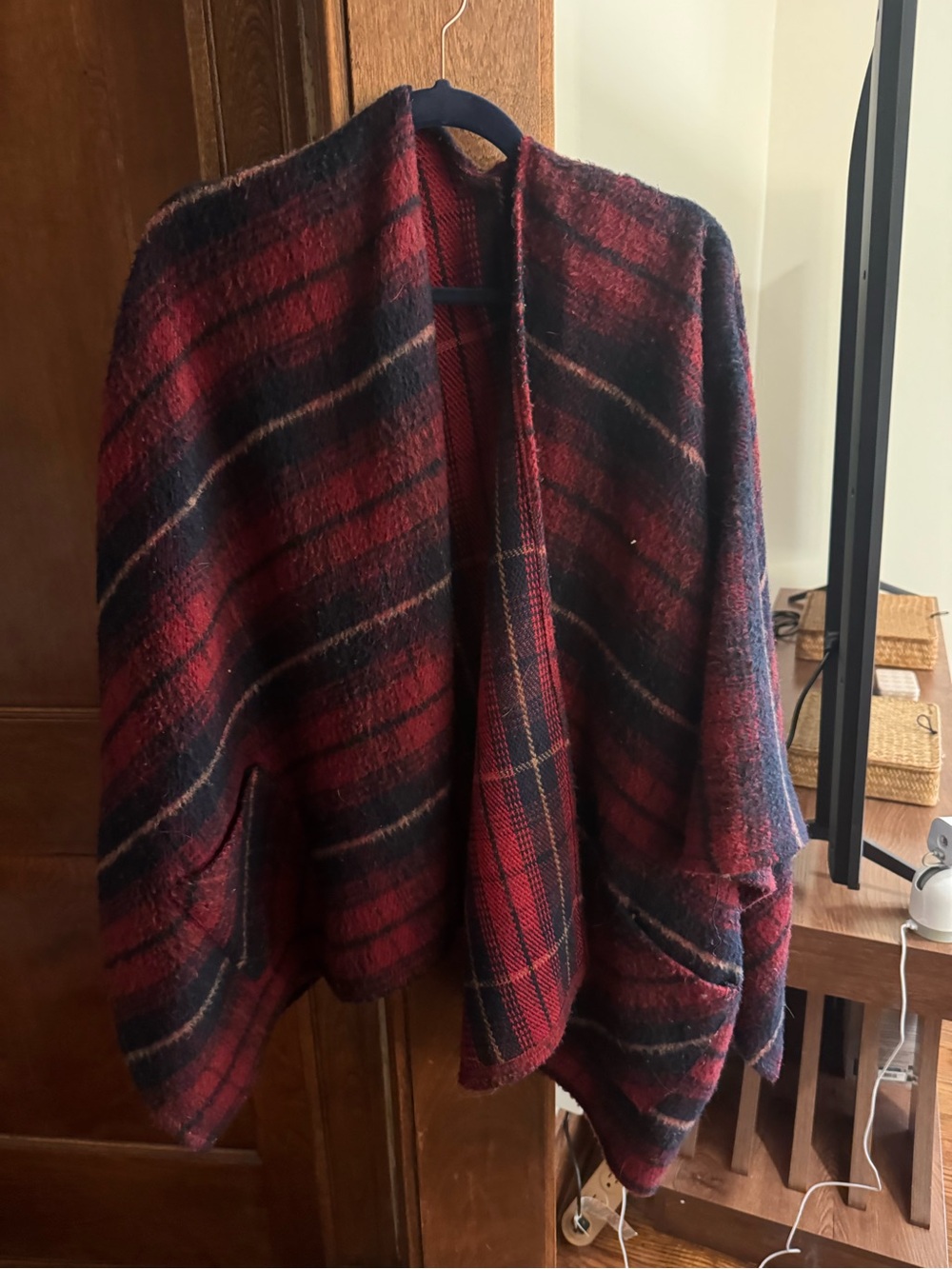 She + Sky Burgundy and Navy Plaid Shawl